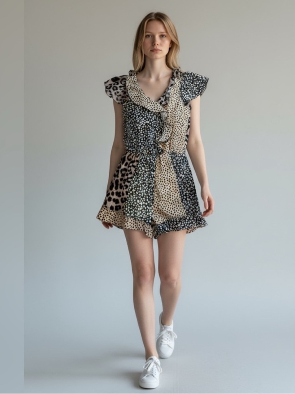 Umgee Mixed Animal Print Black & Tan Short Sleeve Romper